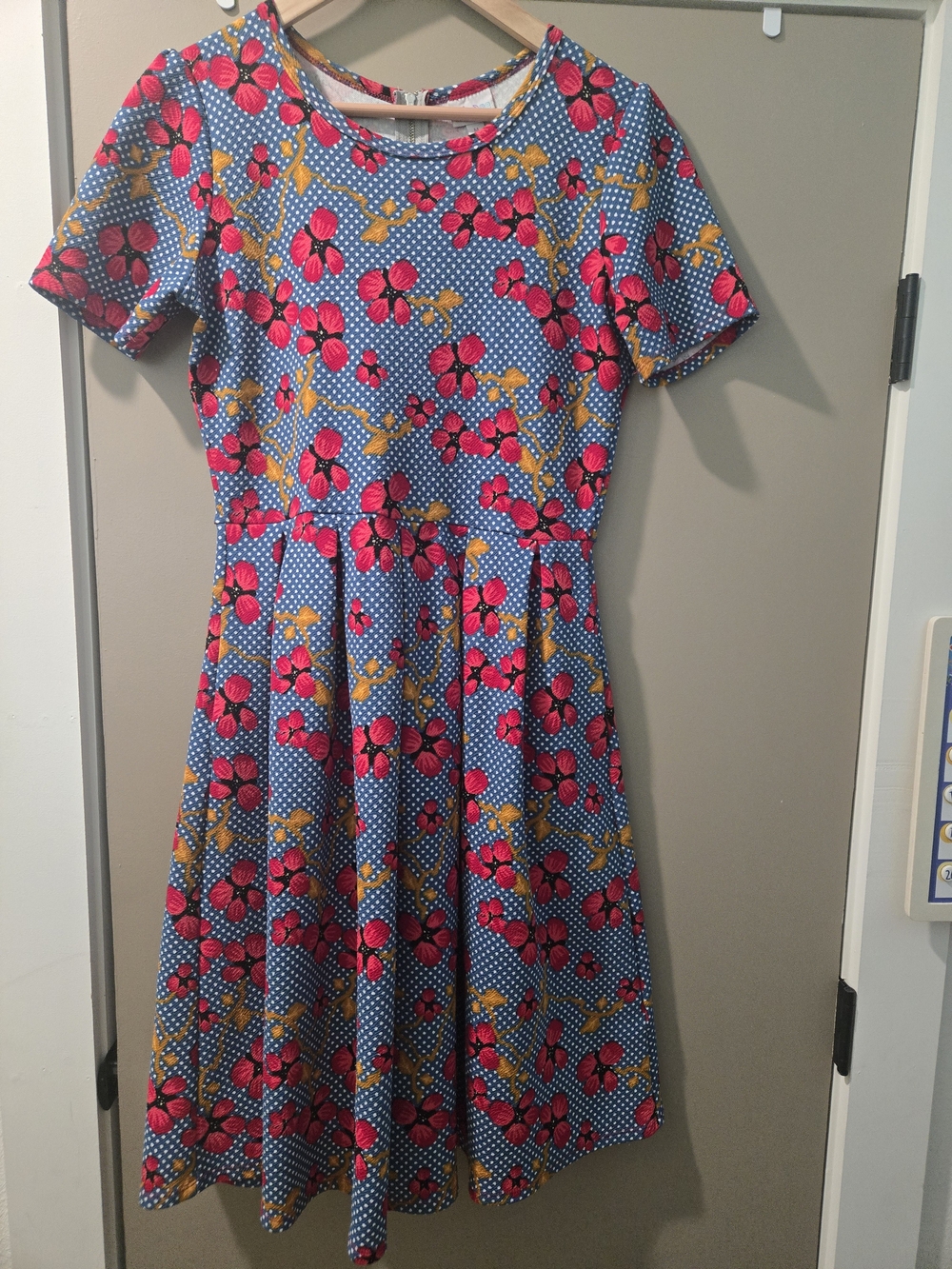 LuLaRoe Amelia Fit & Flare Dress Blue Sakura Floral Polka Dot Zip Back M